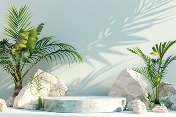 Group of Plants and Rocks on Table - obrazy, fototapety, plakaty
