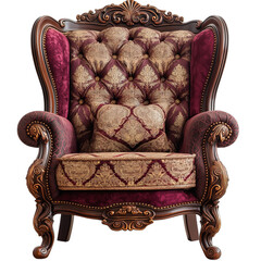 Ornate vintage armchair with burgundy floral damask upholstery and dark wooden legs and armrests