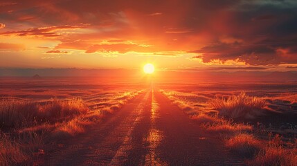 The sun at the central, end of the road - obrazy, fototapety, plakaty