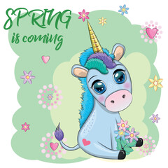 Unicorn with flowers, in a wreath, spring is coming, postcard for the holiday of spring