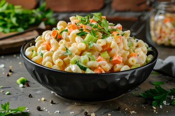 Creamy macaroni salad with veggies in a black bowl on a concrete table with a brick wall in the...