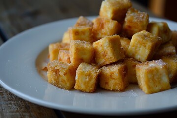 Crispy Tofu is fried and flour coated giving a crunchy sensation