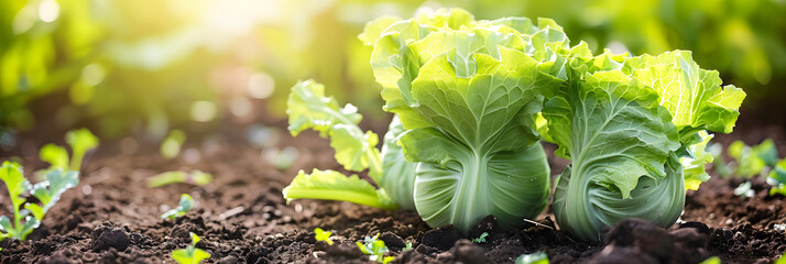 Fresh Organic Lettuce and Kohlrabi on Sunny Kitchen Garden Patch - Spring Allotment Background - obrazy, fototapety, plakaty