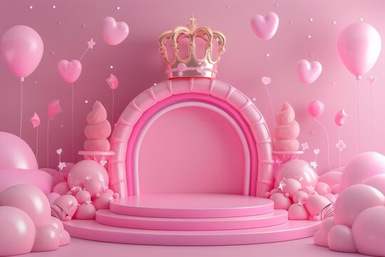 Pink Stage With Balloons and Crown