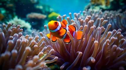 Naklejka na ściany i meble Underwater wonder: Colorful clownfish nestled in vibrant coral reef