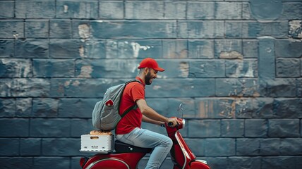 Fototapeta premium a young pizza delivery man, donning a motorcycle helmet and carrying a backpack brimming with paper boxes, smiling as he checks his phone for delivery updates.