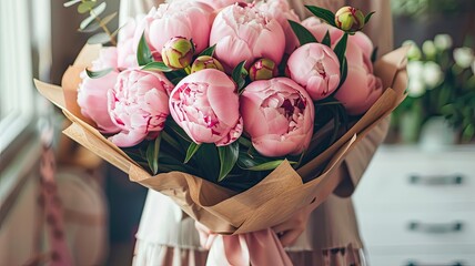 a birthday celebration with a woman holding a stunning bouquet of pink peonies elegantly wrapped in kraft paper, set against the backdrop of a charming flower shop.