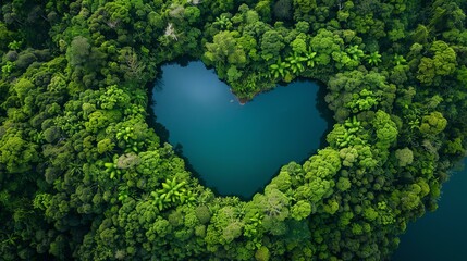 Amazing aerial view of a heart-shaped lake in the middle of a lush green forest. The water is crystal clear and reflects the sky like a mirror. - Powered by Adobe