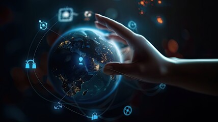 fingers reaching out to touch a radiant digital planet, representing the digital age's integration of social networks and virtual communities.