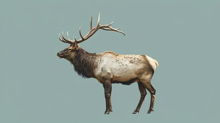 A large elk stands in a field, looking off into the distance. The elk is in mid-stride, with its head turned slightly to the side.