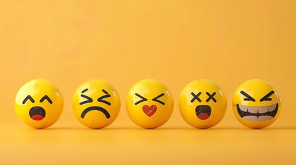 A variety of 3D rendered emojis with different facial expressions sit in a row against a plain yellow background.