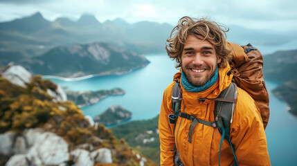 Happy hiker man taking selfie portrait on the top of mountain