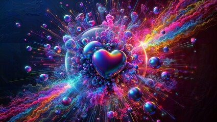 Cosmic heart burst: iridescent center amidst vibrant psychedelic colors and flowing forms - obrazy, fototapety, plakaty