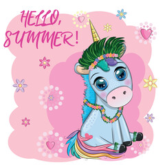 Cute cartoon unicorn dressed as a hula dancer, Hawaii, ready to go character. Summer