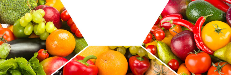 Healthy vegetables and fruit food - collage. There is free space for text.