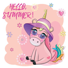 Cute cartoon unicorn dressed as a hula dancer, Hawaii, ready to go character. Summer