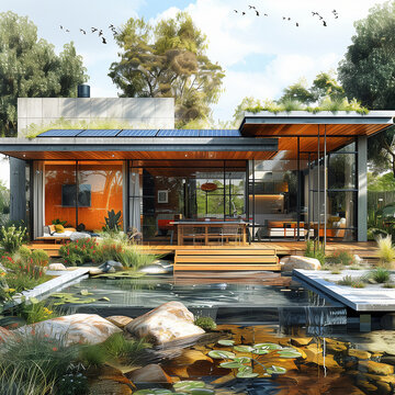 Conceptual architectural sketch of modern eco-friendly ground floor home, with solar panels, great glass windows and a spacious open terrace around to enjoy the pond and the garden
