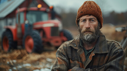 Obraz premium Proud farmer standing in front of his red tractor.