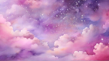 Kawaii Fantasy Pastel Colorful Sky with Clouds and Stars Background in Paper Cut and Paste Style	