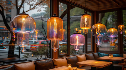 Cozy cafe with creative jellyfish shaped lamps