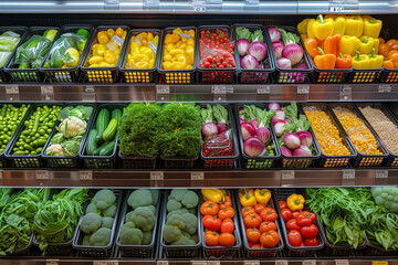 Food on shelves in store, buying fresh vegetable, fruit, grocery in supermarket, healthy vegan lifestyle
- 782348922