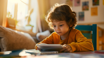 A child participates in an online class from home, engaging with the teacher on a tablet. The room is filled with morning light, highlighting the shift towards digital learning env