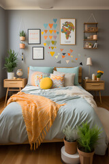 Cheerful teenage bedroom decorated in pastel colors: A harmonious blend of comfort and style