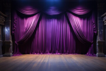 scene background, purple curtain on stage of theater or cinema with wooden floor