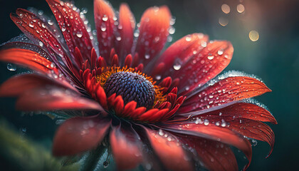Close-up of dark red flower with water droplets. Beautiful nature. Blurred background.