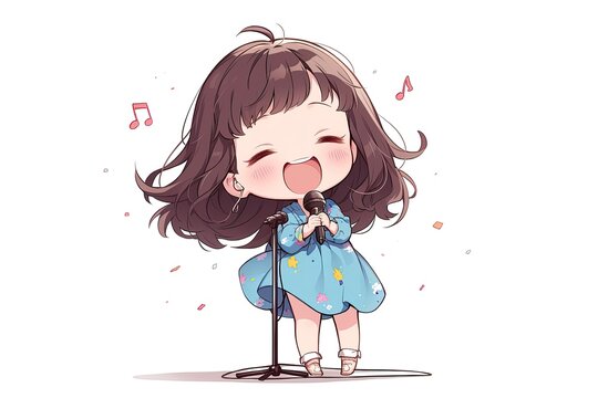 cute happy anime chibi girl singing into a microphone on white background