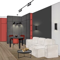 Interior living room with terracotta accent and anthracite walls