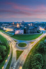 Vertical panoramic aerial night view of the skyline of city of Mantua, Lombardy, Italy