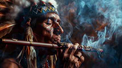  índio com uma flauta, fumaça ao redor - obrazy, fototapety, plakaty