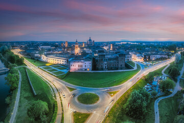 Panoramic aerial night view of the skyline of city of Mantua, Lombardy, Italy