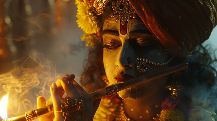 Deusa Sri Krishna com flauta - obrazy, fototapety, plakaty