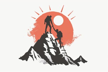 Hand drawn logo of people helping each other reach the top, mountain peak with sun rays in background Generative AI