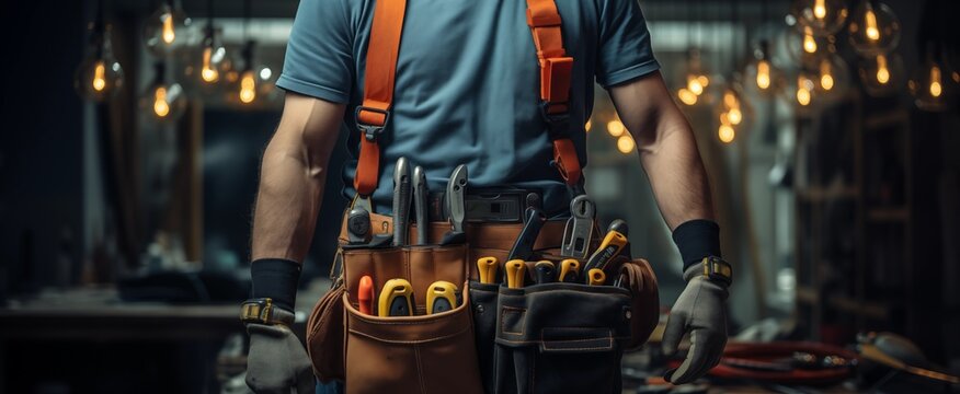 An American male worker stands slightly sideways, with tools hanging on his waist