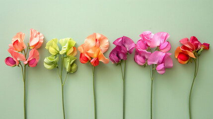 An arrangement of sweet pea blossoms in vibrant
