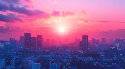 Rolgordijnen sunset on the city with vaporwave tone color, suitable for wallpaper, posters. Generative AI © wellyans