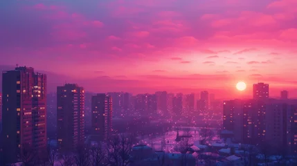 Foto op Canvas sunset on the city with vaporwave tone color, suitable for wallpaper, posters. Generative AI © wellyans