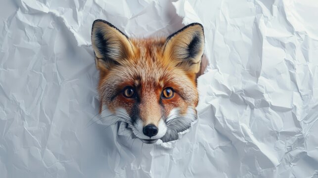 a red fox peeking through a hole in a pastel pink paper wall with ample copy space, positioned on either the right or left side for a unique banner design.