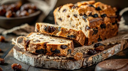 Irish cuisine, barmbrack is an Irish sweet bread, necessarily adding raisins or grapes.  - obrazy, fototapety, plakaty