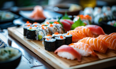 sushi on the table in restaurant - obrazy, fototapety, plakaty