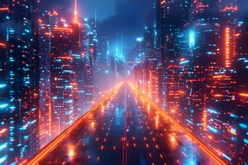 AI-Driven Neon Metropolis: The Pulse of Smart Cities. Concept Technology, Artificial Intelligence, Smart Cities, Urban Planning, Neon Lights