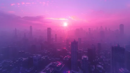 Fototapete sunset on the city with vaporwave tone color, suitable for wallpaper, posters. Generative AI © wellyans