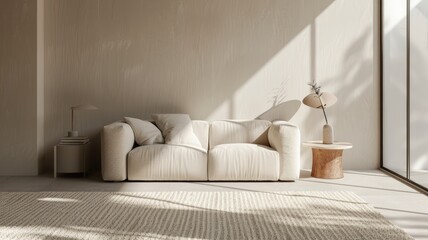 a minimalistic white sofa with a side table and light-colored carpet in a naturally lit room - obrazy, fototapety, plakaty