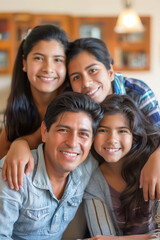 Happy Young Hispanic Family at Home and Good Family Time Concept.