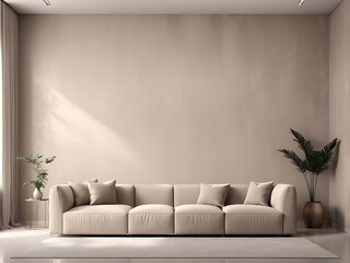 Meeting room or reception living hall. Large beige taupe lounge home, office. Empty wall in the texture of plaster wallpaper or ivory microcement or silk stucco background. Mockup interior. 3d render