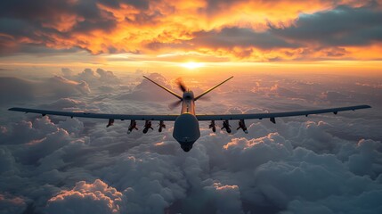 A military drone traverses the cumulus clouds at sunset in the sky