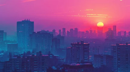Wandcirkels plexiglas sunset on the city with vaporwave tone color, suitable for wallpaper, posters. Generative AI © wellyans